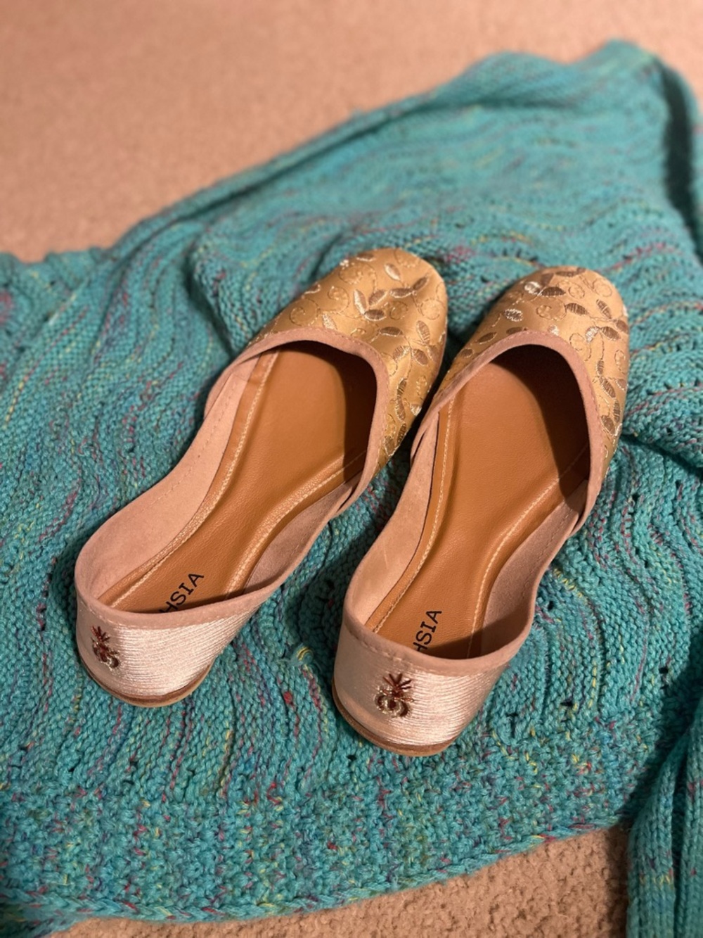 Gold Floral Embroidered Women’s Slip-On Flats by
